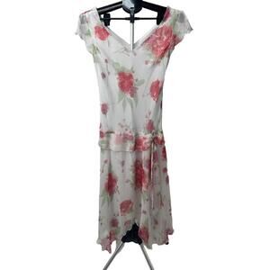 Dressbarn White Pink Floral‎ Cap Sleeves VNeck Hem Y2K 90’s Dress Size 10